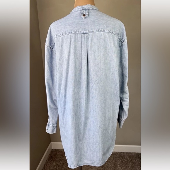 Southwestern Pintuck Cotton Chambray Denim Mandarin Collar Button Shirt Top M - Picture 3 of 5